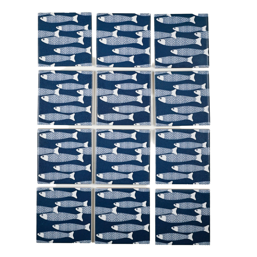 SALE - Fired Ink -  Set of 12 x 10cm Ocean Shoal Tiles - Navy Blue