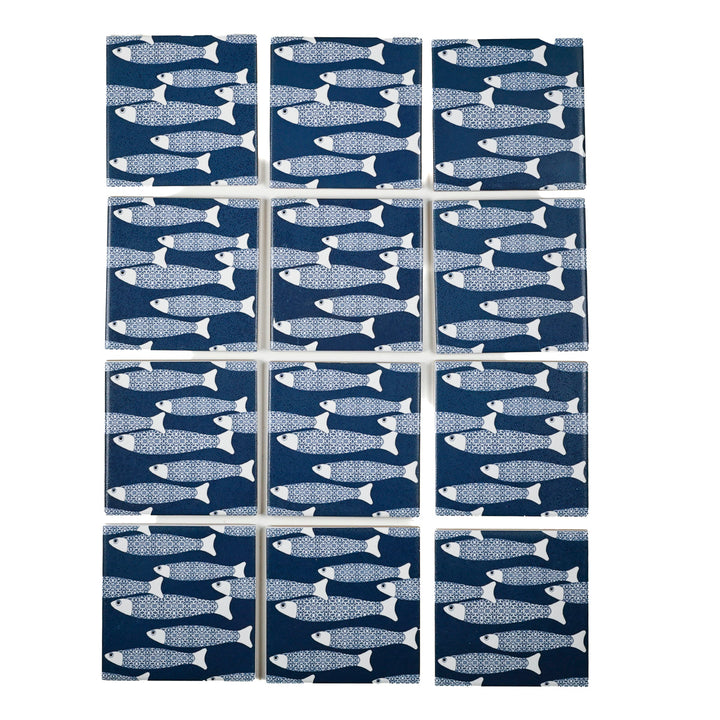 SALE - Fired Ink -  Set of 12 x 10cm Ocean Shoal Tiles - Navy Blue