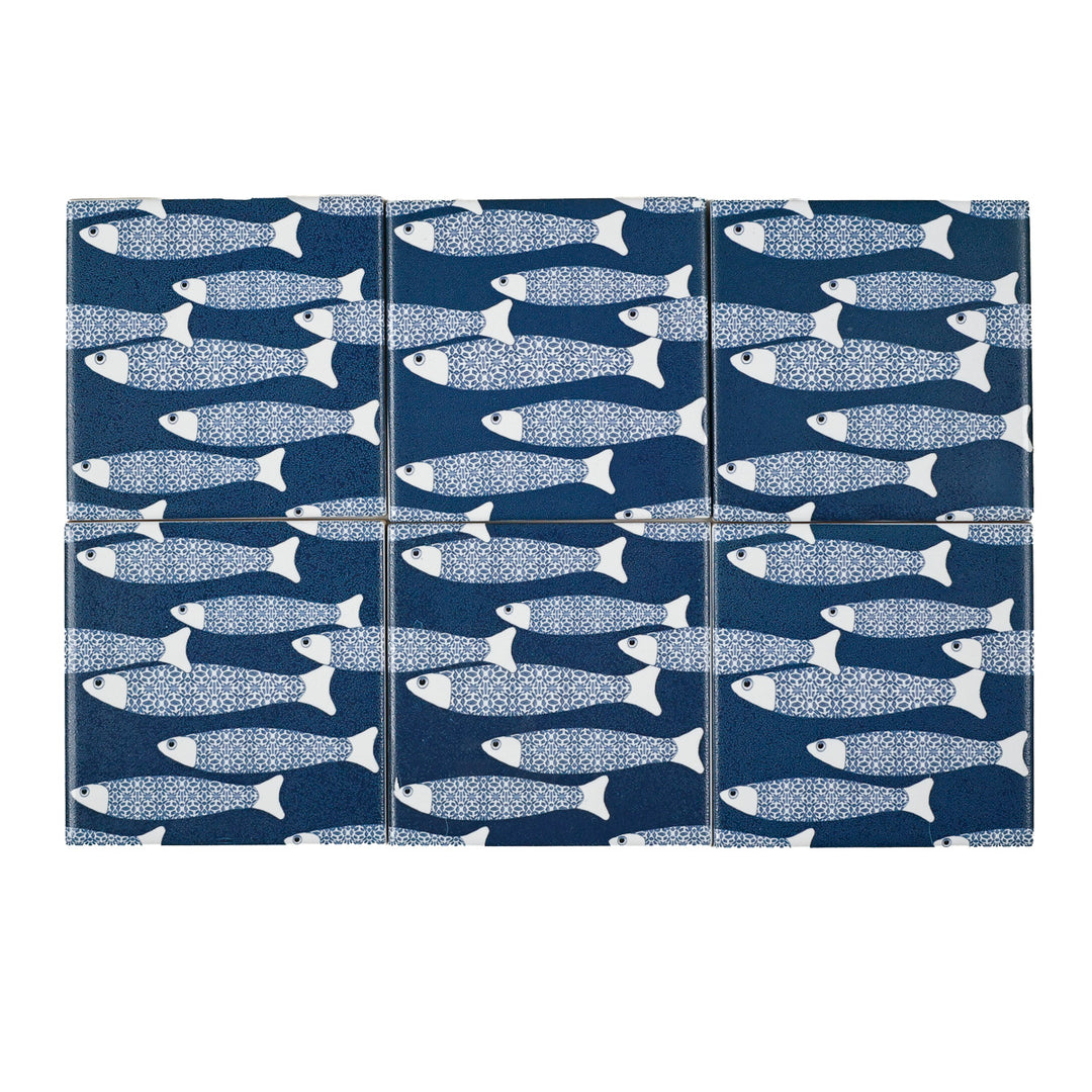 SALE - Fired Ink -  Set of 12 x 10cm Ocean Shoal Tiles - Navy Blue