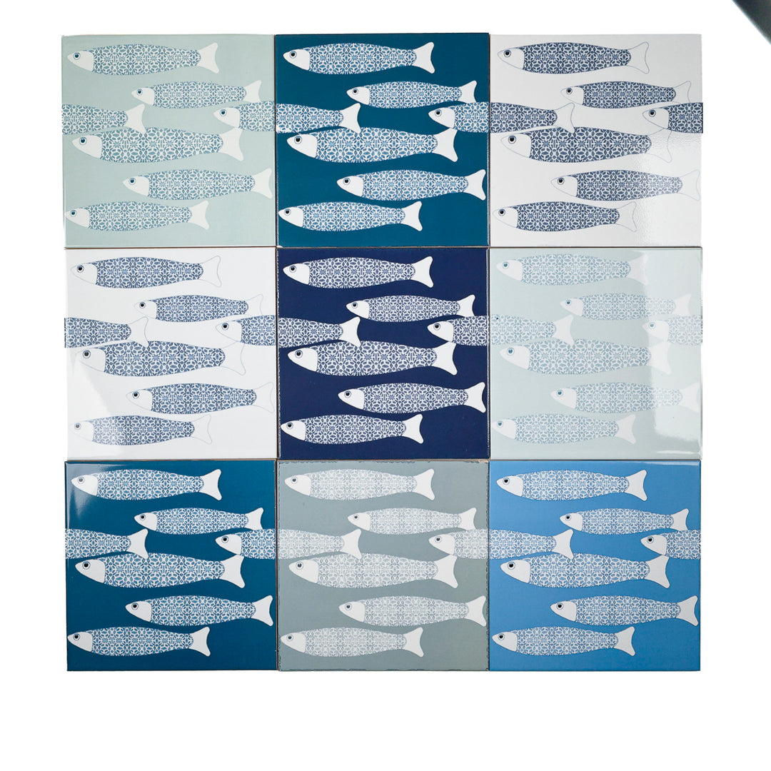 SALE - Fired Ink - Set of 9 x 15cm Ocean Shoal Border Tiles (mixed colours)