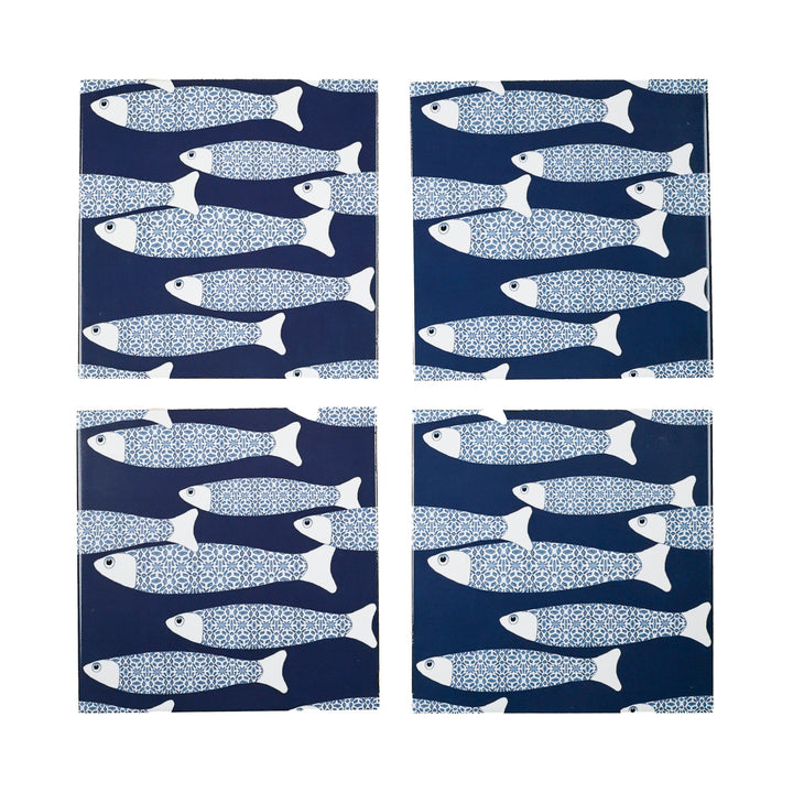 SALE - Fired Ink - 4 x 15cm Ocean Shoal Tiles - Navy Blue