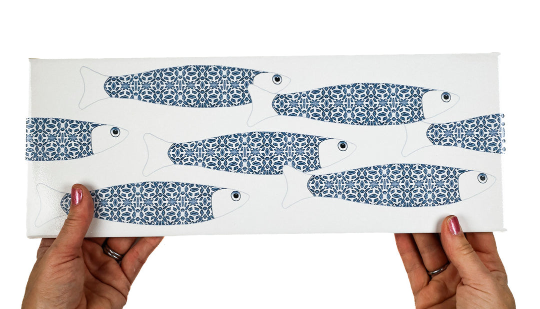 SALE - Fired Ink 45x15cm PAIR of Prototype Tiles  - Grey Blue Fish on White