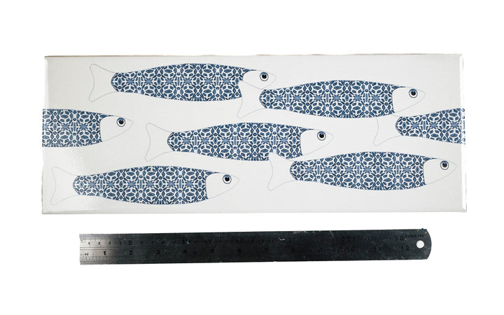 SALE - Fired Ink 45x15cm PAIR of Prototype Tiles  - Grey Blue Fish on White