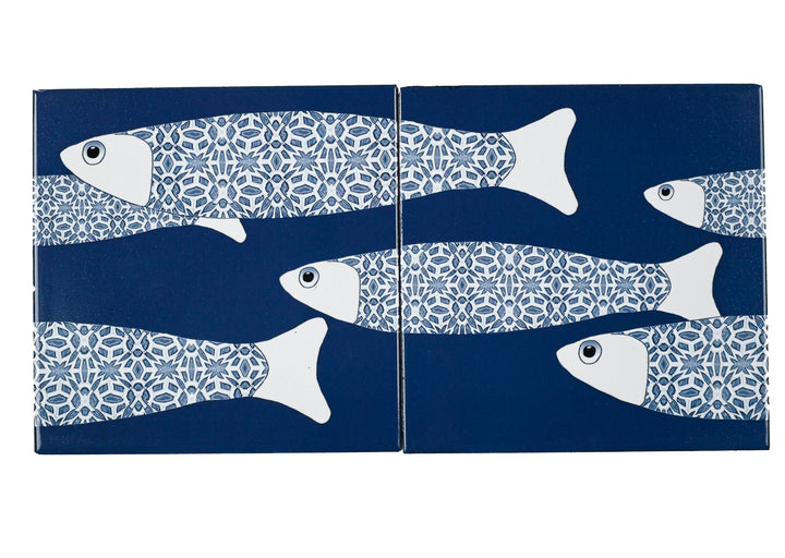SALE - Fired Ink - Pair of 15cm Ocean Shoal Tiles  - Large Scale BORDER - Navy Blue