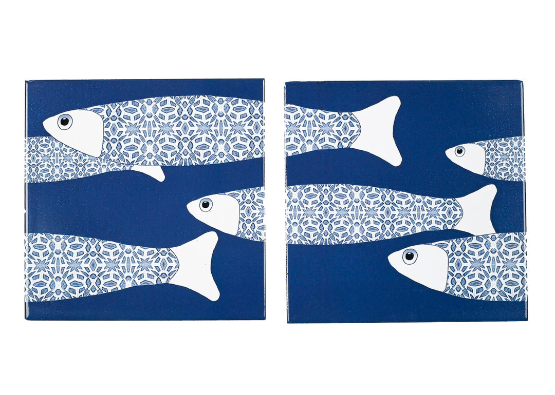 SALE - Fired Ink - Pair of 15cm Ocean Shoal Tiles  - Large Scale BORDER - Navy Blue