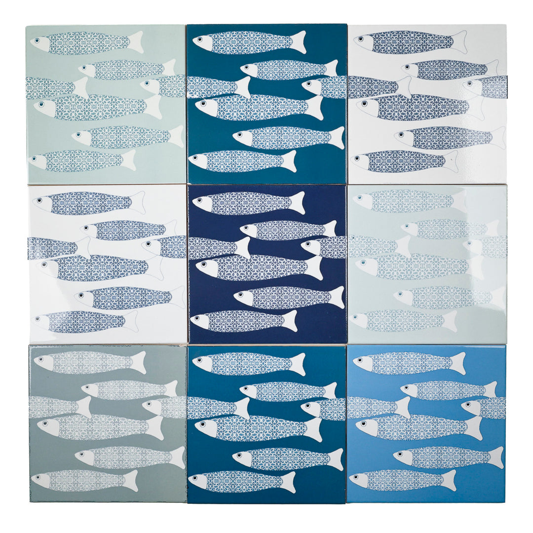 SALE - Fired Ink - Set of 9 x 15cm Ocean Shoal Border Tiles (mixed colours)