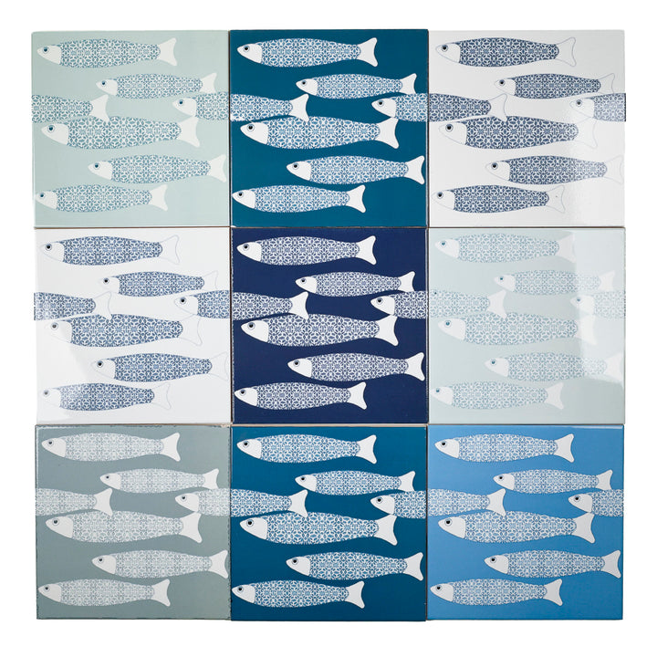 SALE - Fired Ink - Set of 9 x 15cm Ocean Shoal Border Tiles (mixed colours)