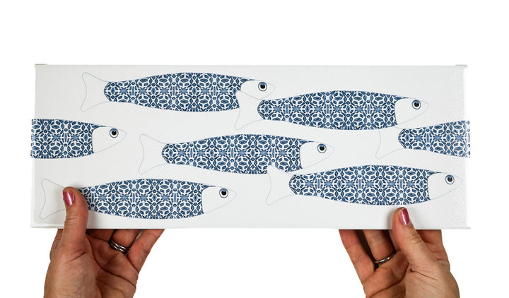 SALE - Fired Ink 45x15cm PAIR of Prototype Tiles  - Grey Blue Fish on White