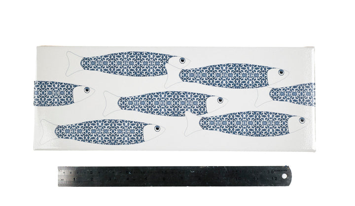 SALE - Fired Ink 45x15cm PAIR of Prototype Tiles  - Grey Blue Fish on White