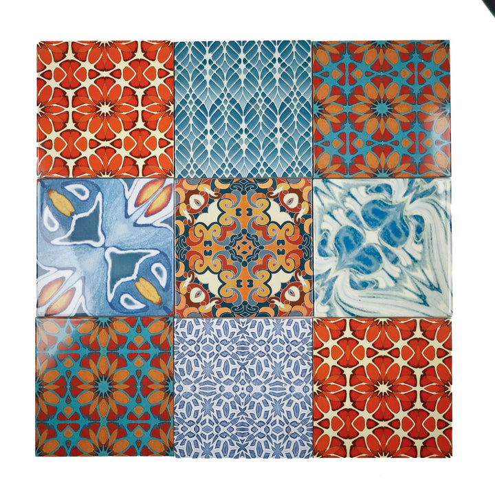 SALE - Fired Ink - Set of 9 x 15cm Mixed Design Tiles