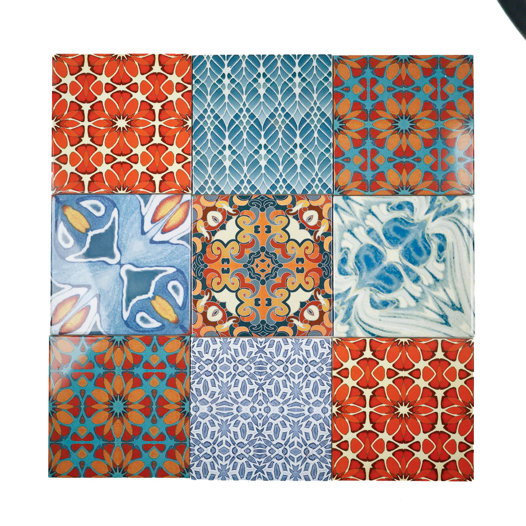SALE - Fired Ink - Set of 9 x 15cm Mixed Design Tiles