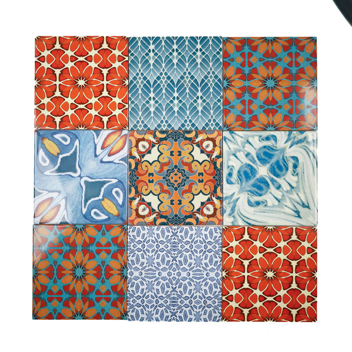 SALE - Fired Ink - Set of 9 x 15cm Mixed Design Tiles