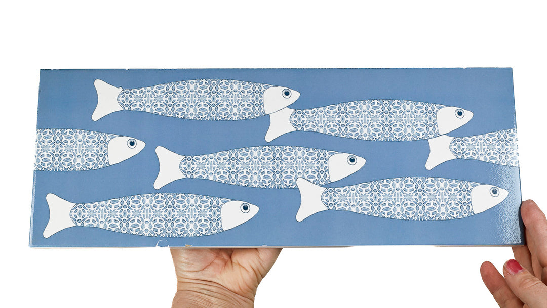 SALE - Fired Ink 45x15cm Single Prototype Tile  - Mid Blue Ocean Shoal 2
