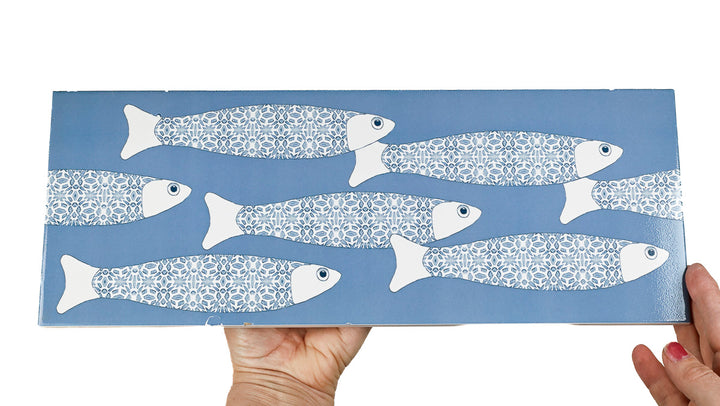 SALE - Fired Ink 45x15cm Single Prototype Tile  - Mid Blue Ocean Shoal 2