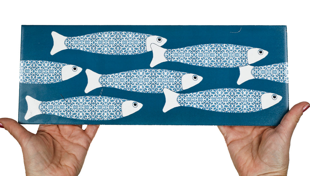 SALE - Fired Ink 45x15cm Single Prototype Tile  - Teal Blue Ocean Shoal