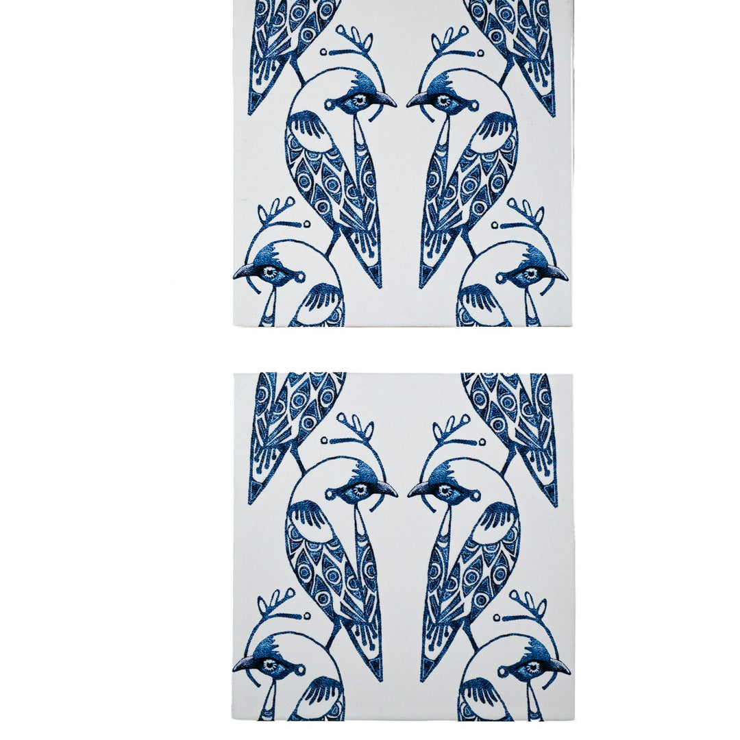 SALE - Fired Ink - Pair of 15cm Lovebird tiles (blue/white)