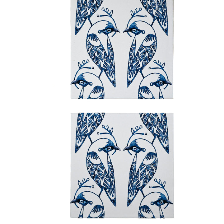SALE - Fired Ink - Pair of 15cm Lovebird tiles (blue/white)