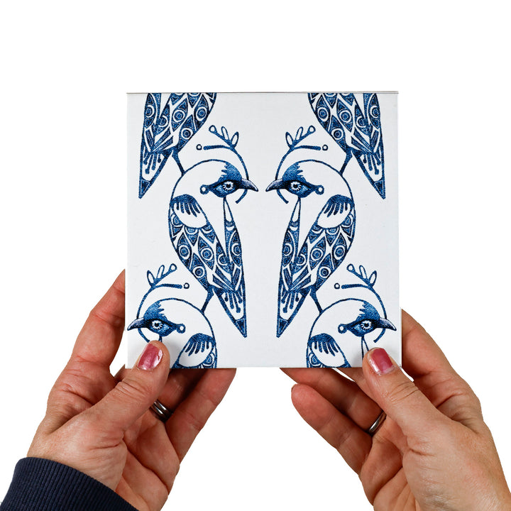 SALE - Fired Ink - Pair of 15cm Lovebird tiles (blue/white)