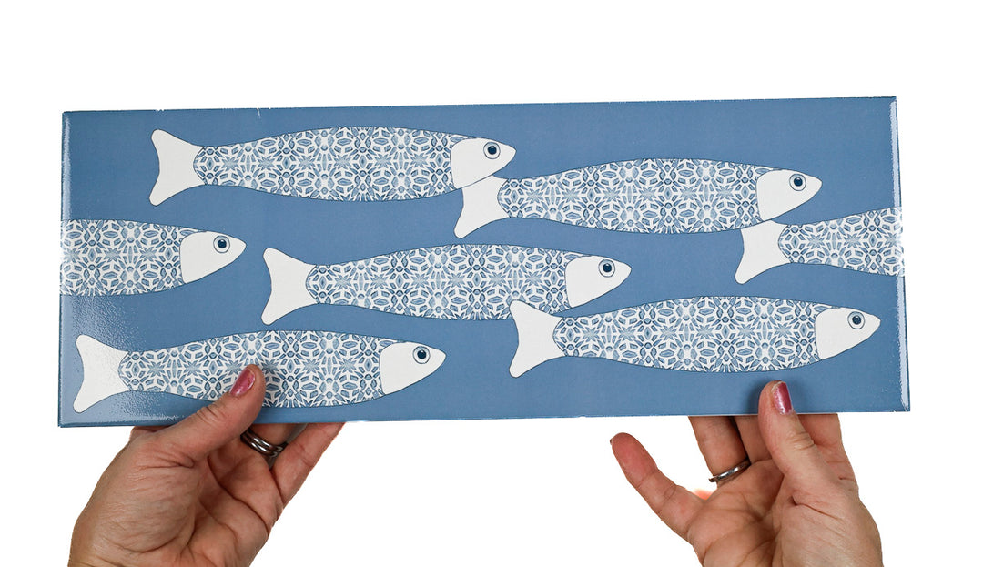 SALE - Fired Ink 45x15cm Single Prototype Tile  - Mid Blue Ocean Shoal