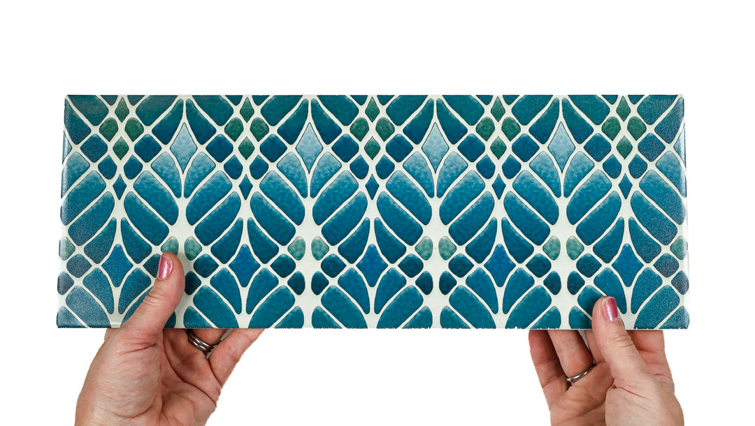 SALE - Fired Ink 45x15cm Single Prototype Tile  - Interwoven Trees Blue Green 2
