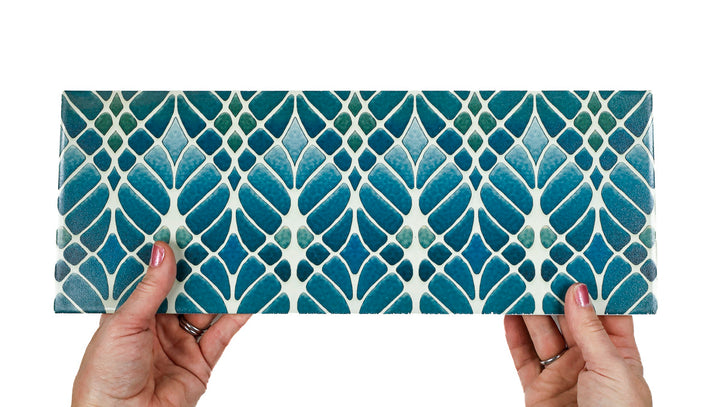 SALE - Fired Ink 45x15cm Single Prototype Tile  - Interwoven Trees Blue Green 2