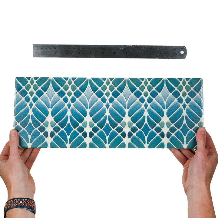 SALE - Fired Ink 45x15cm Single Prototype Tile  - Interwoven Trees Blue-Green