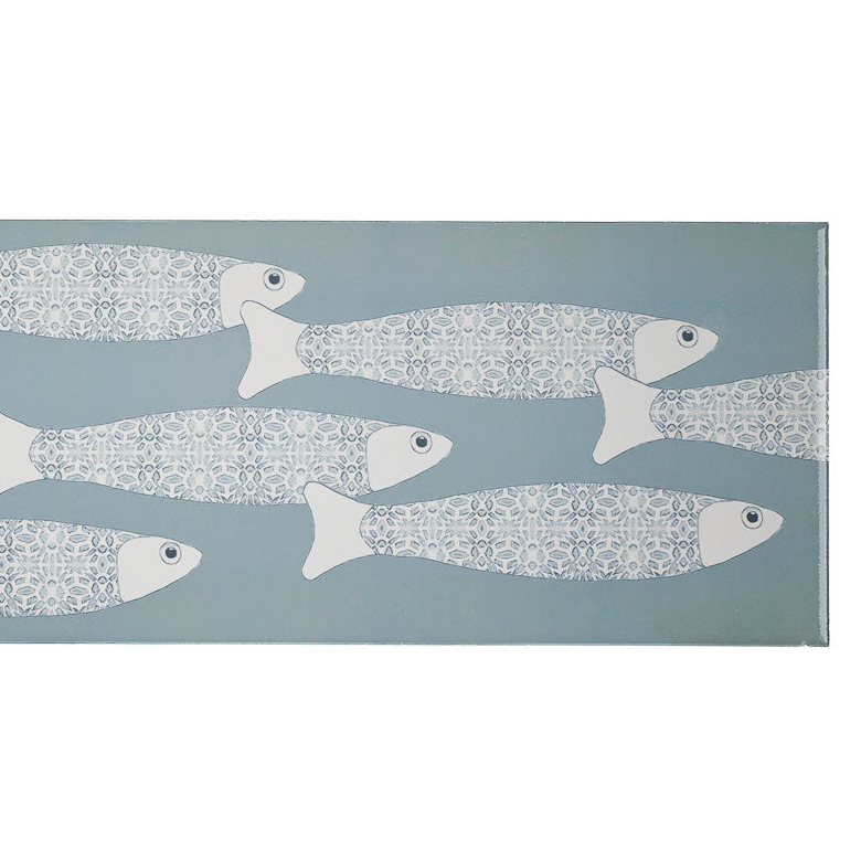 SALE - Fired Ink 45x15cm Single Prototype Tile  - Grey Blue Ocean Shoal Border 2
