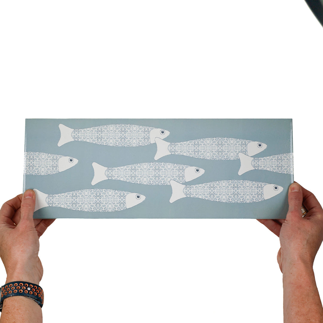 SALE - Fired Ink 45x15cm Single Prototype Tile  - Grey Blue Ocean Shoal Border 2