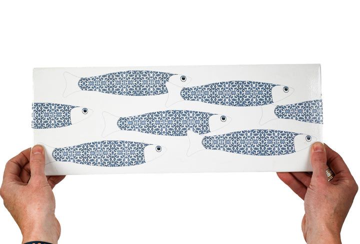 SALE - Fired Ink 45x15cm Single Prototype Tile  - Blue White Ocean Shoal