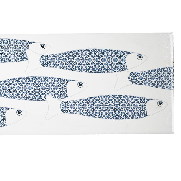 SALE - Fired Ink 45x15cm Single Prototype Tile  - Blue White Ocean Shoal