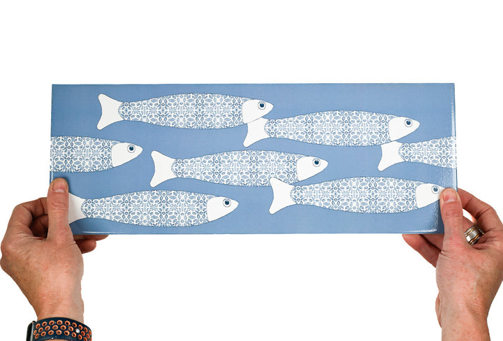 SALE - Fired Ink 45x15cm Single Prototype Tile  - Mid Blue Ocean Shoal Border