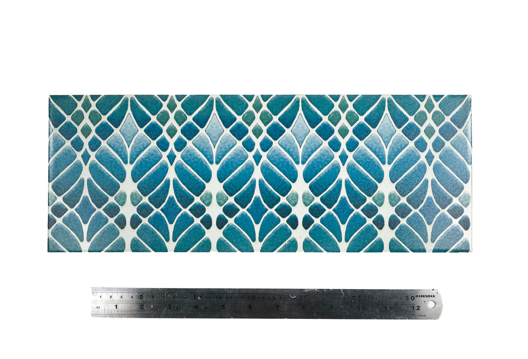 SALE - Fired Ink 45x15cm Single Prototype Tile  - Interwoven Trees Blue Green 1