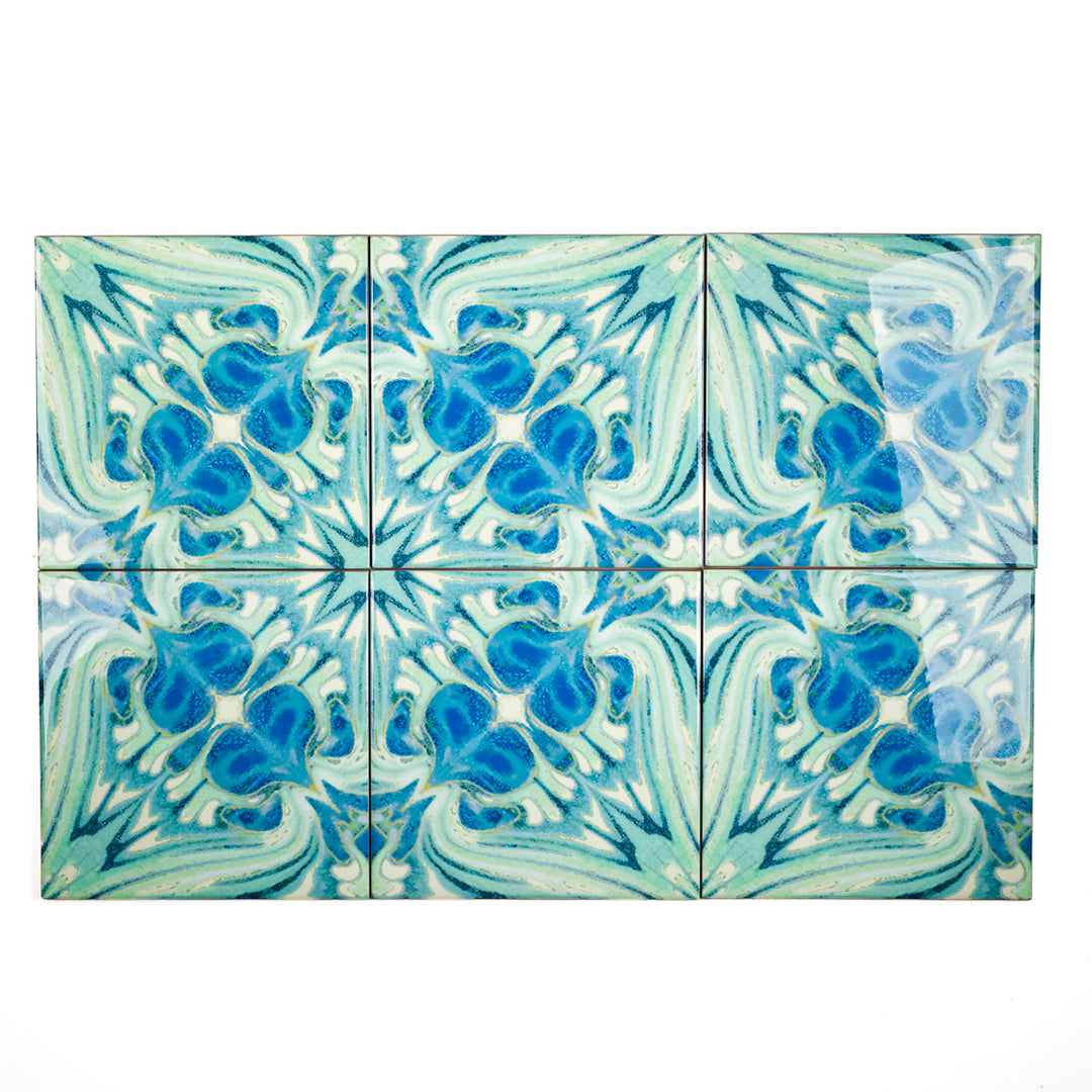 SALE - Set of 6 x 15.2cm Vintage Bouquet Tiles - Blue Green - Large Scale