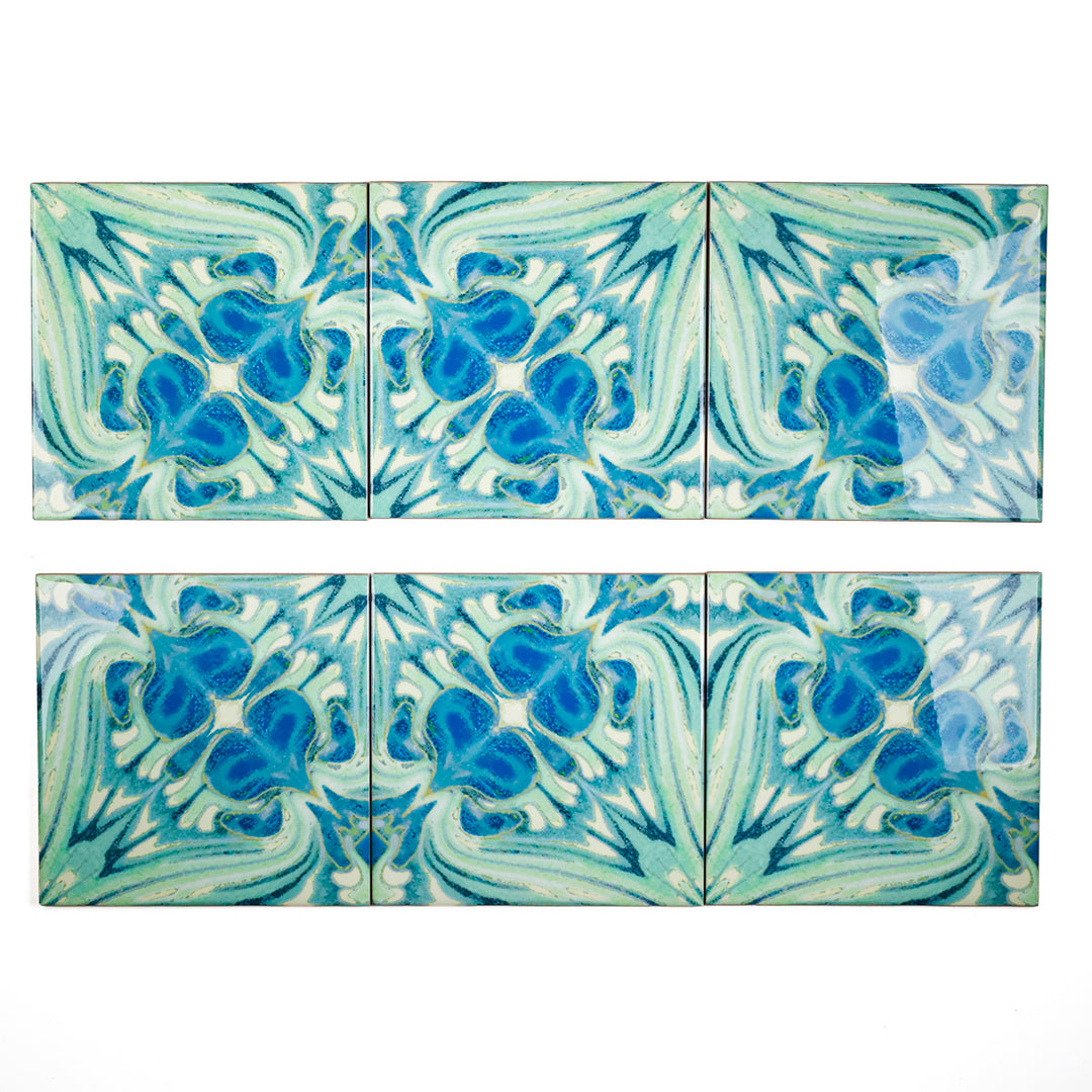 SALE - Set of 6 x 15.2cm Vintage Bouquet Tiles - Blue Green - Large Scale