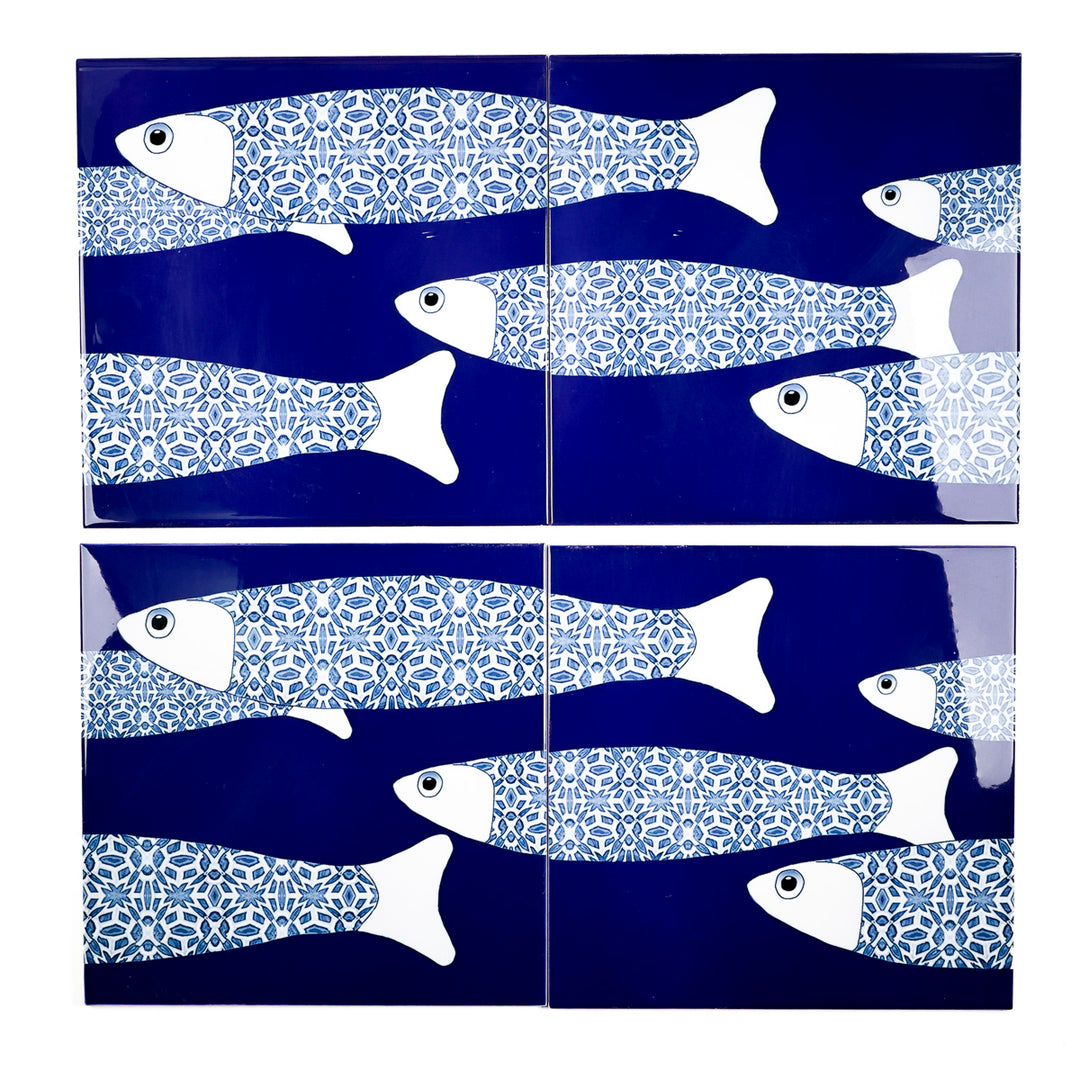 SALE SECOND SET - 4 x 20cm - Large Scale Navy Blue Ocean Shoal border tiles