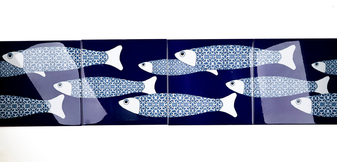 SALE SECOND SET - 4 x 20cm - Large Scale Navy Blue Ocean Shoal border tiles