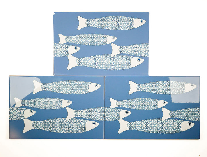 SALE SECONDS - 3x Mid Blue Ocean Shoal - Border version - Large Rectangular Tiles - 30x20cm