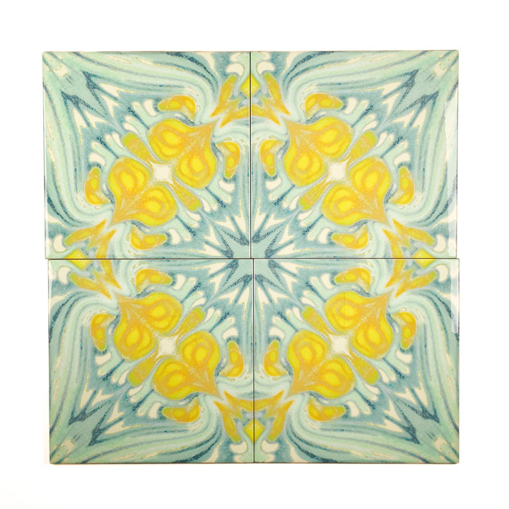SALE - Set of 4 x 20cm Vintage Bouquet Tiles - Yellow Green - Large Scale / Section