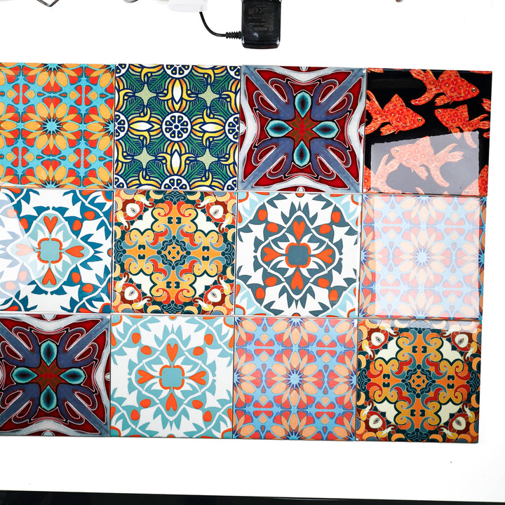 SALE SECOND SET of 12 x 15.2cm - Mixed Design Tiles (orange/red)