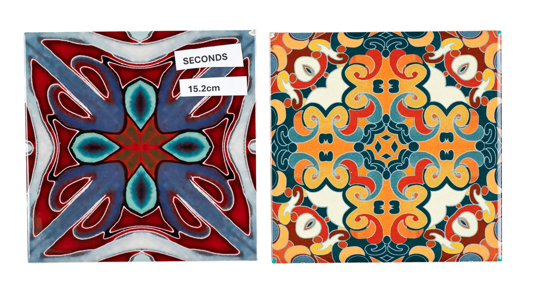 SALE SECOND SET of 12 x 15.2cm - Mixed Design Tiles (orange/red)