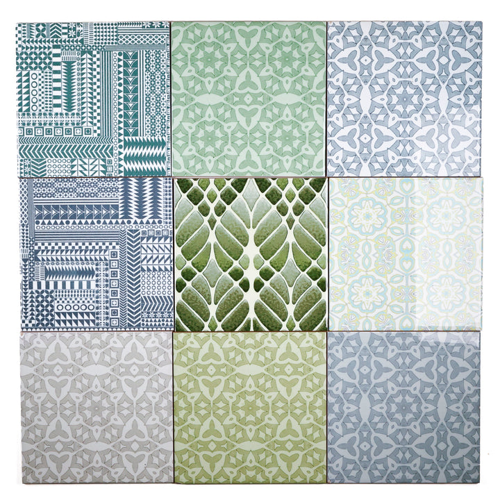 SALE SECOND SET of 9x 15.2cm - Mixed Design Tiles (pale blue/green)