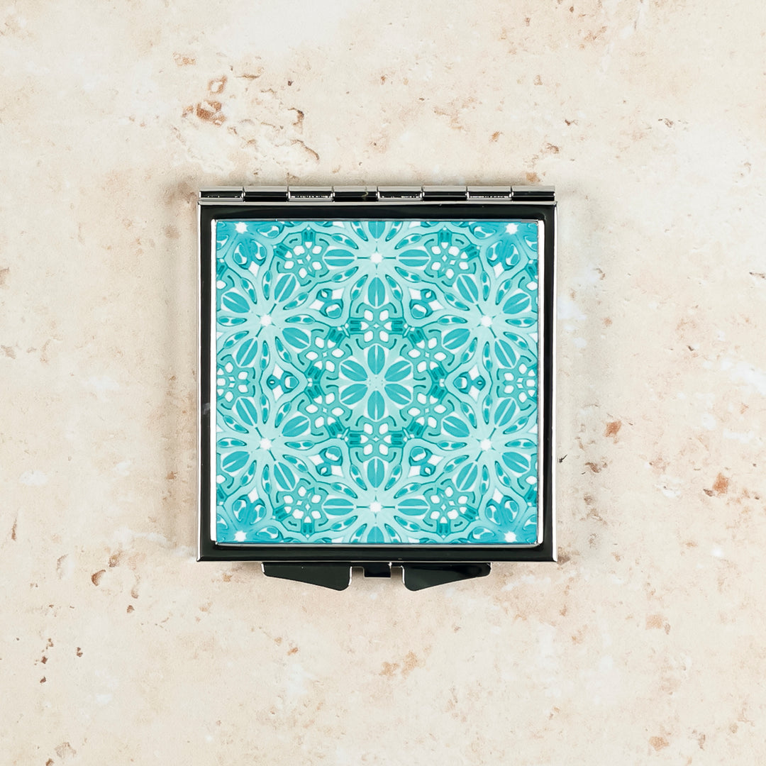 SALE - Turquoise Blue Turkish Flower Compact Folding Mirror (square)